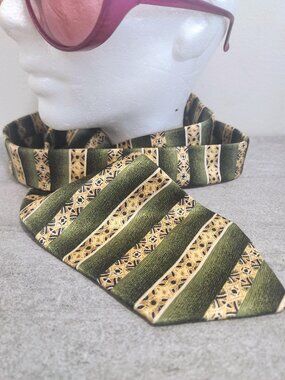 Vintage Silk Tie: Avocado Green Geometric Stripes, Made in Italy